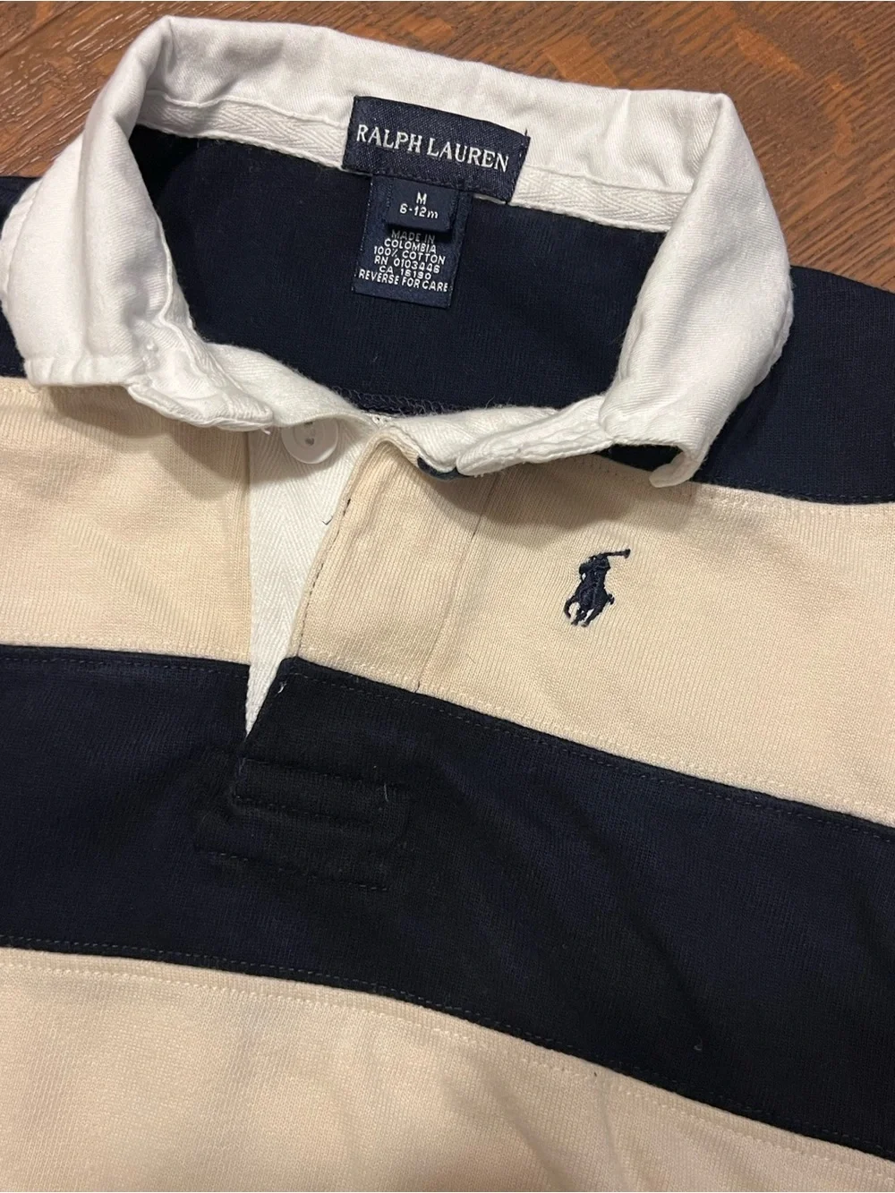 Ralph Lauren Baby Rugby Romper 6-12M Navy Cream Stripe Long Sleeve One-Piece